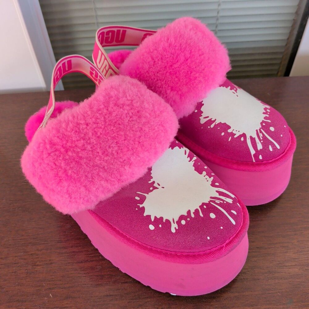 UGG Funkette Graphic Platform Slipper Pink Splatter Heart Women's Size 6 EUC!